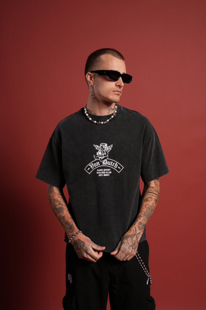 Darc Covenant Grunge Mid-Length Raw Hem Tee in Black