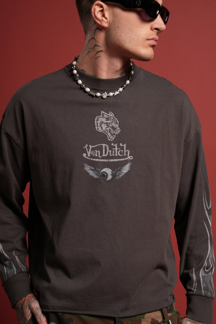 Take-Off Grunge Mid-Length Raw Hem LS Tee in Wolf Gray