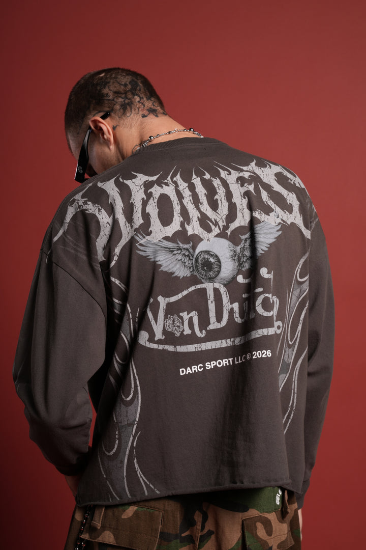 Take-Off Grunge Mid-Length Raw Hem LS Tee in Wolf Gray