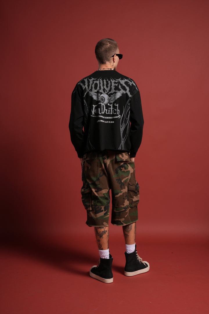 Take-Off Grunge Mid-Length Raw Hem LS Tee in Black