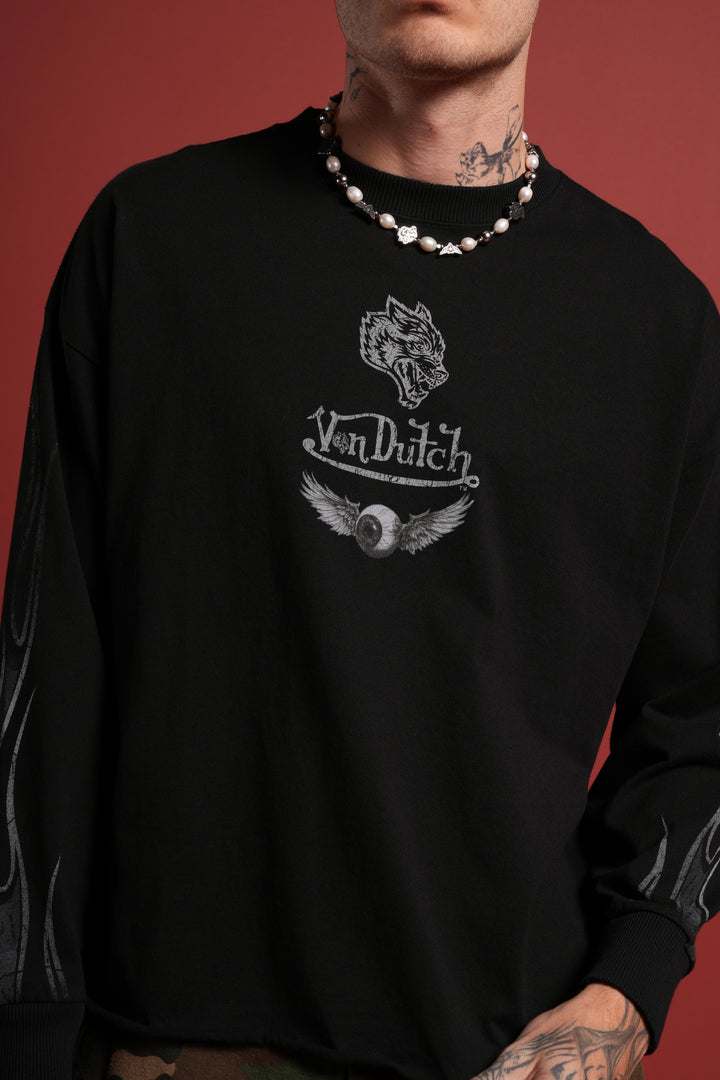 Take-Off Grunge Mid-Length Raw Hem LS Tee in Black