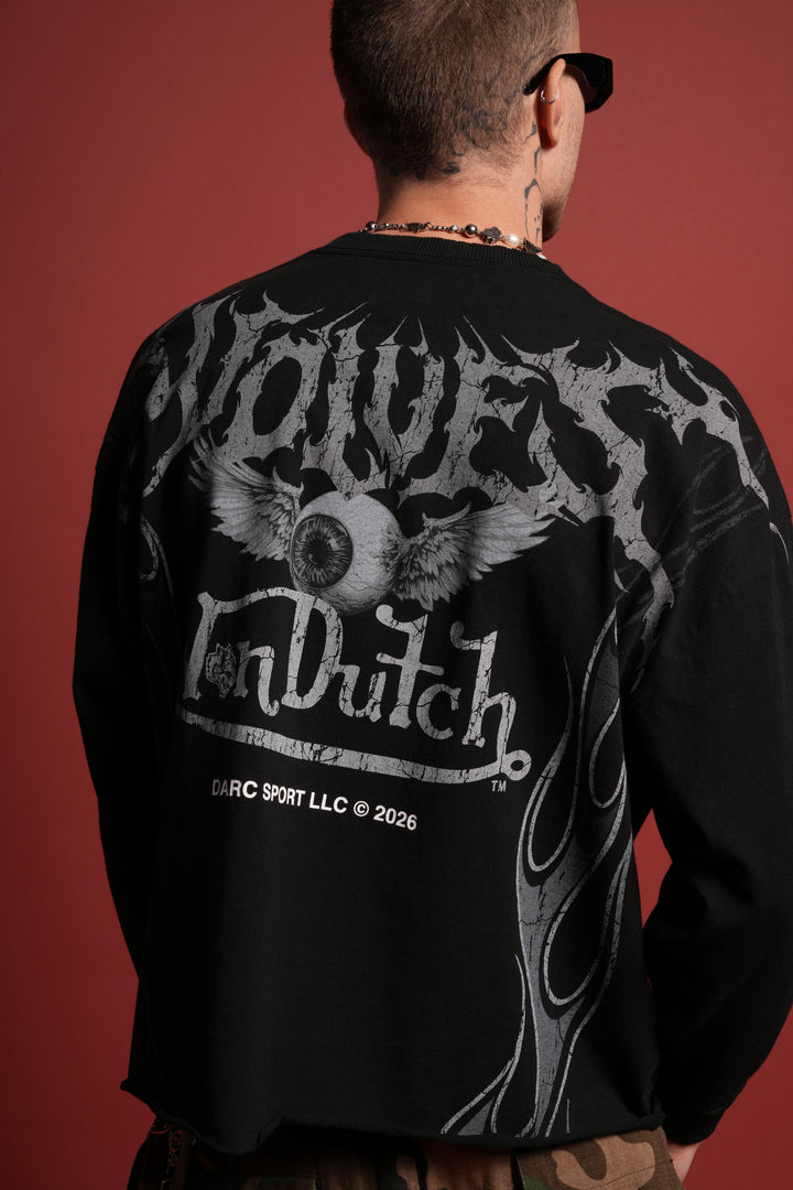 Take-Off Grunge Mid-Length Raw Hem LS Tee in Black