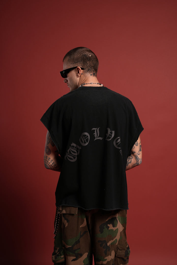 DSVD Legacy Distressed Grunge Cut-Off Mid-Length Raw Hem Tee in Black