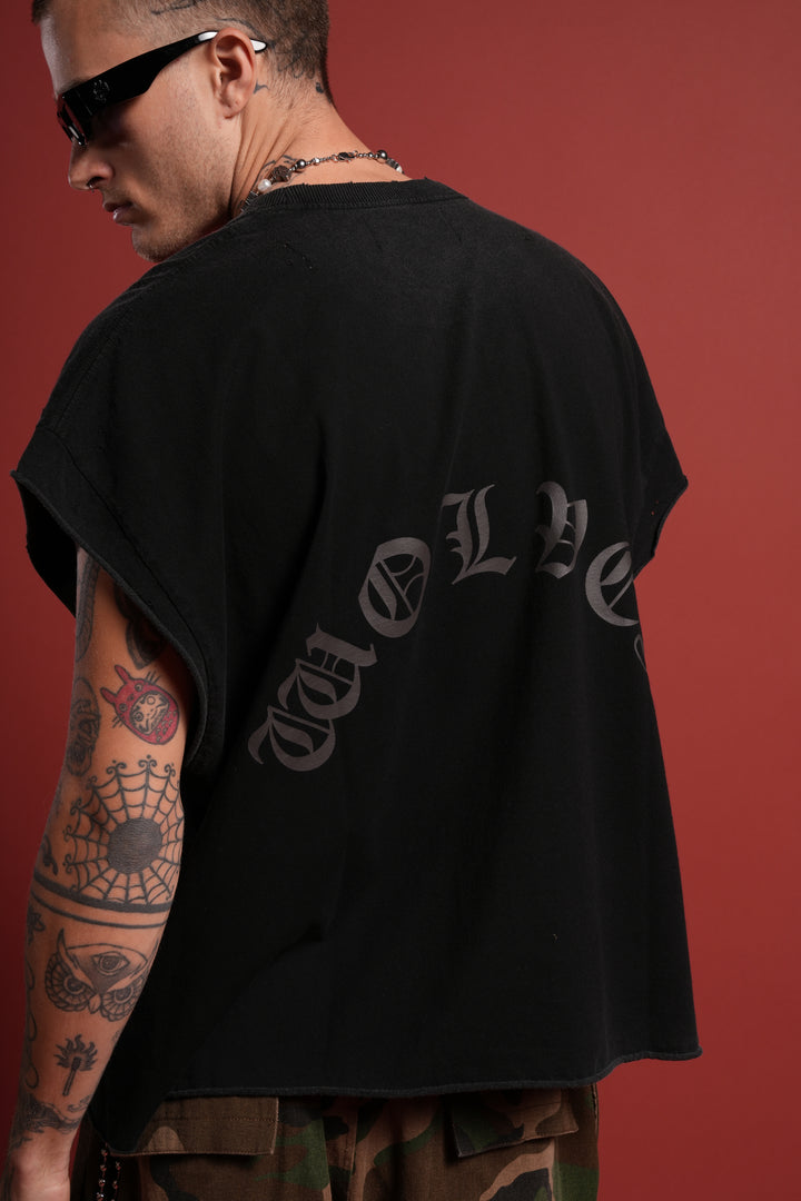 DSVD Legacy Distressed Grunge Cut-Off Mid-Length Raw Hem Tee in Black