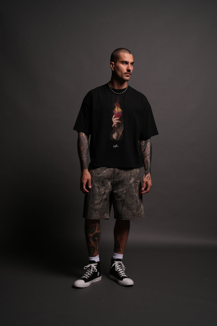 Corazon Sagrado Grunge "Box Cut" Tee in Black