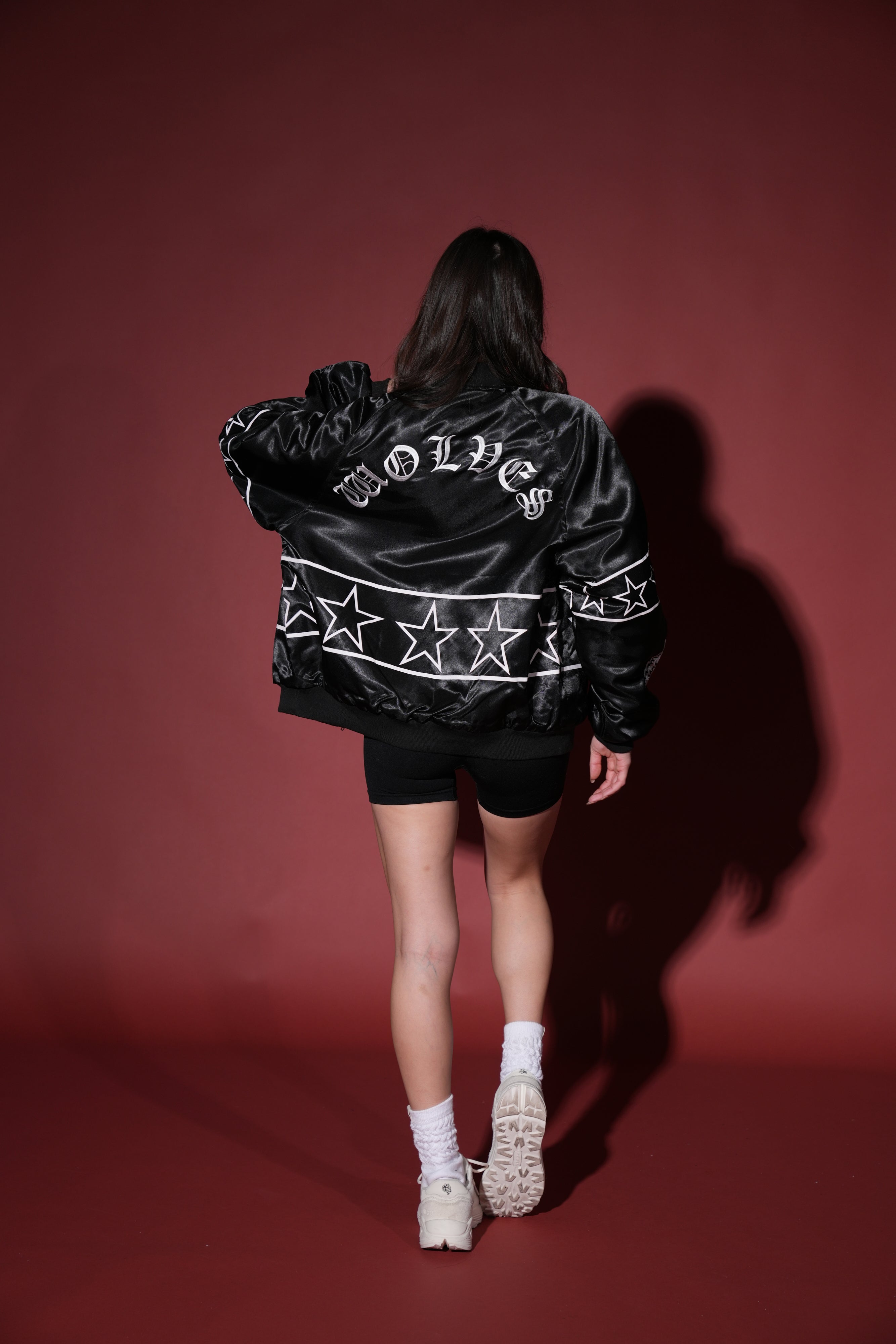In The Stars Satin Bomber Zip Jacket in Black/White