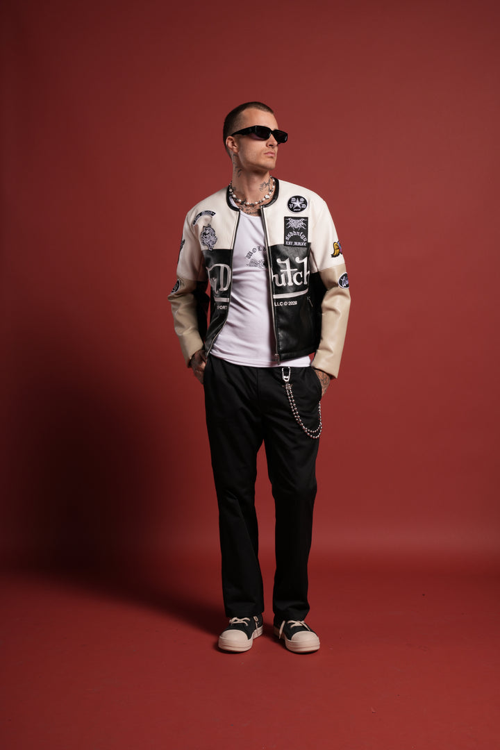 Darc  Kulture Johnny Biker Jacket in Cream/Black/Wolf Gray
