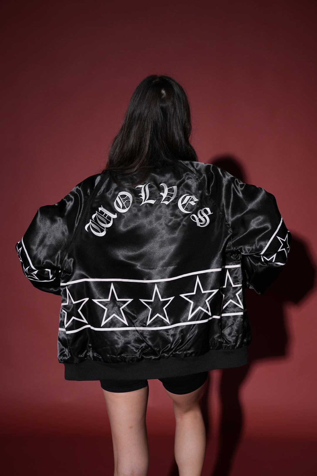 In The Stars Satin Bomber Zip Jacket in Black/White
