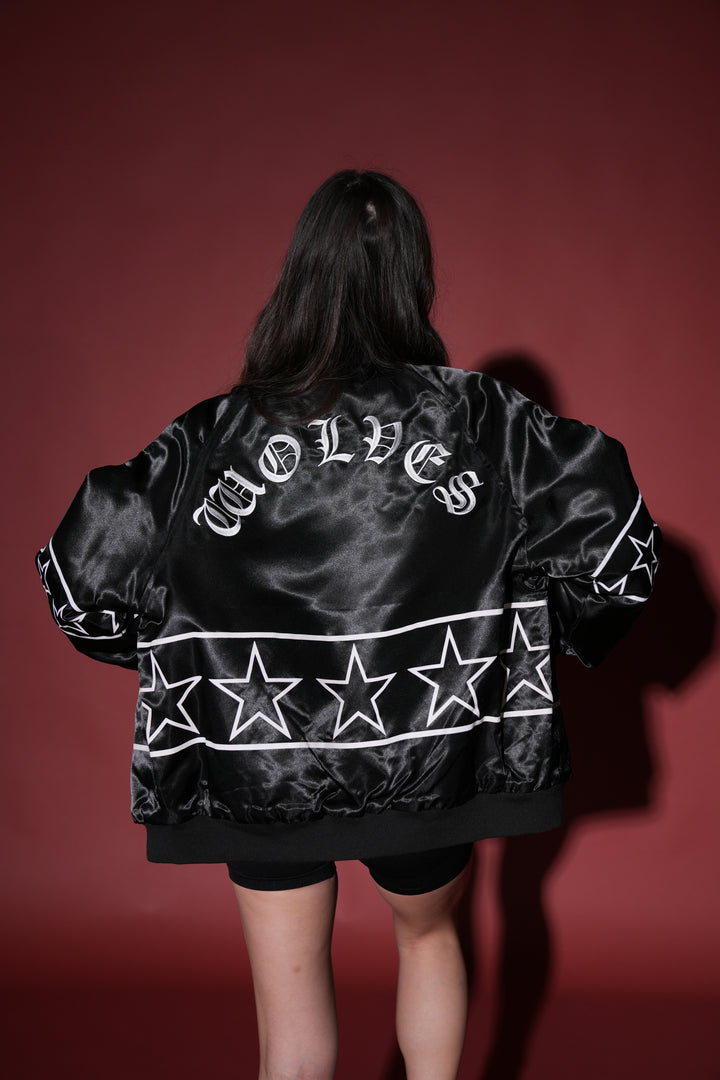In The Stars Satin Bomber Zip Jacket in Black/White