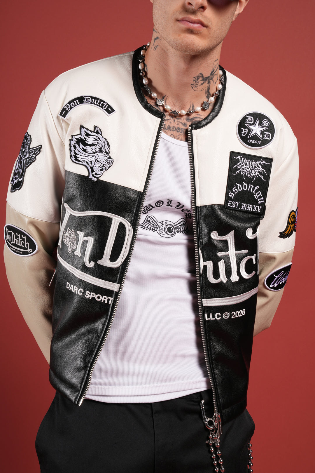 Darc  Kulture Johnny Biker Jacket in Cream/Black/Wolf Gray