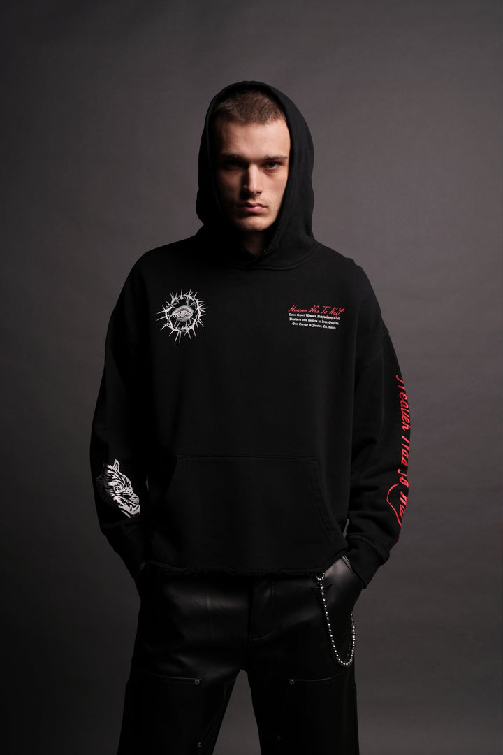 Awake Raw Hem "Box Cut" Pierce Hoodie in Black