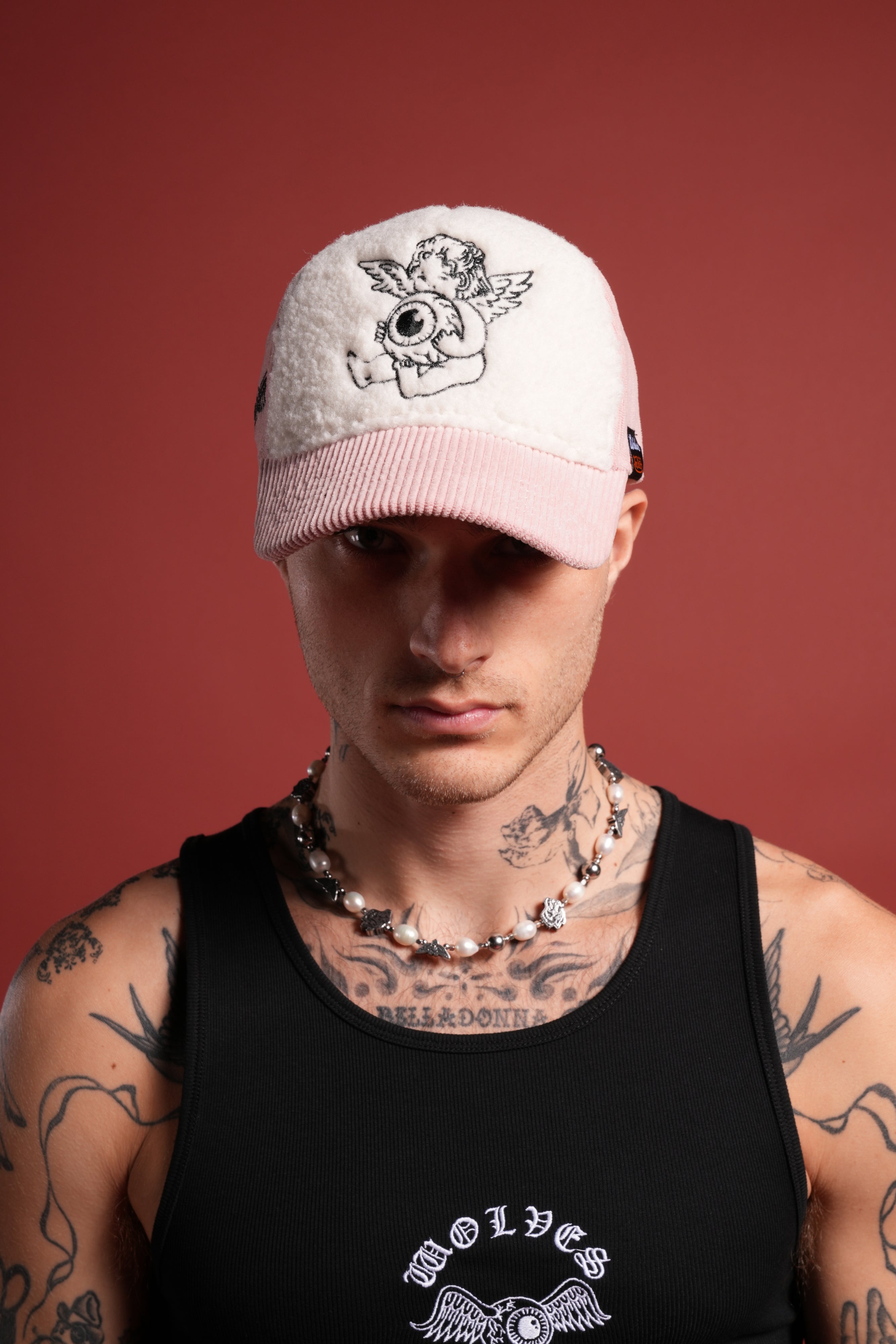 Cherub Eyeball Corduroy Trucker Hat in Bubblegum