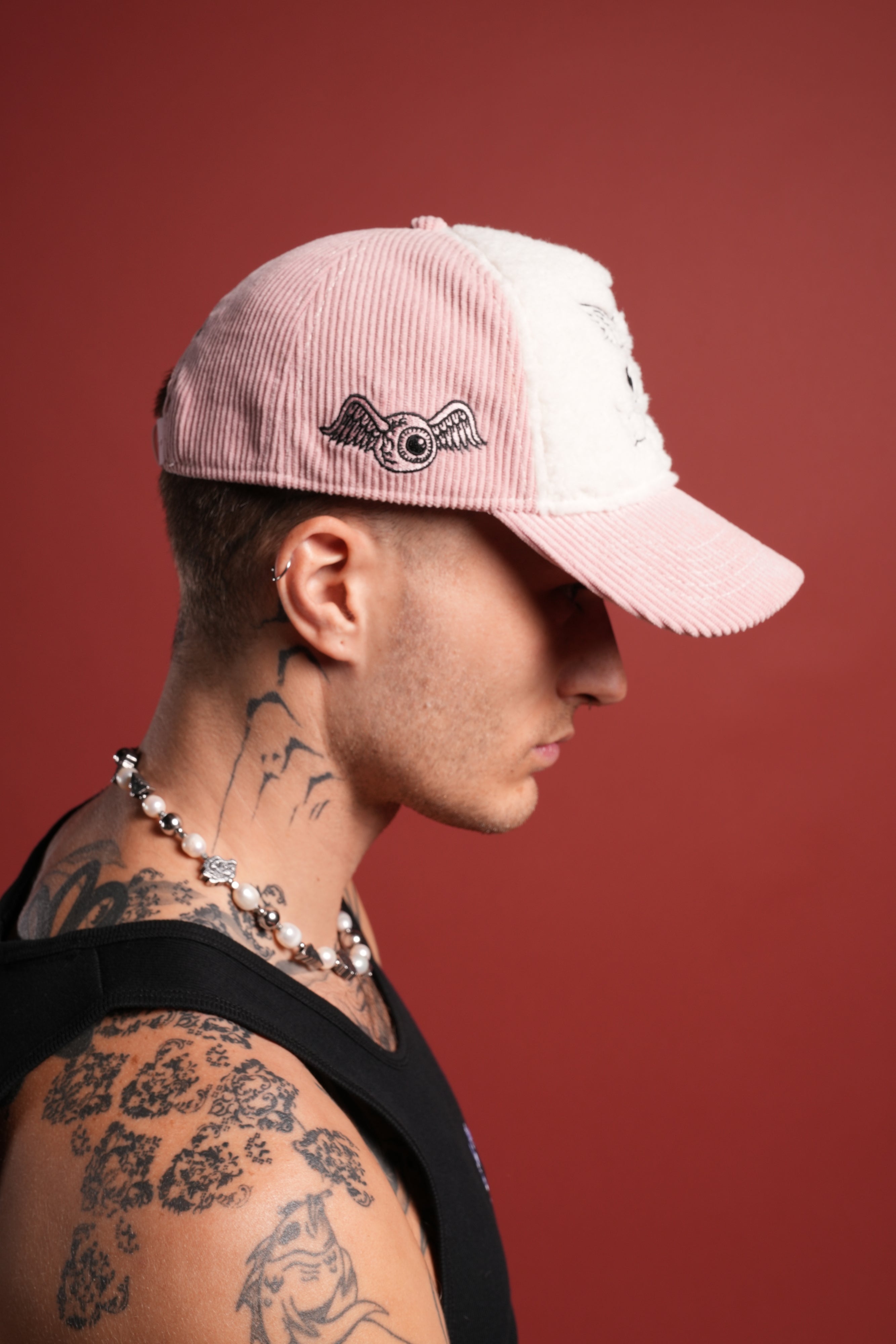 Cherub Eyeball Corduroy Trucker Hat in Bubblegum