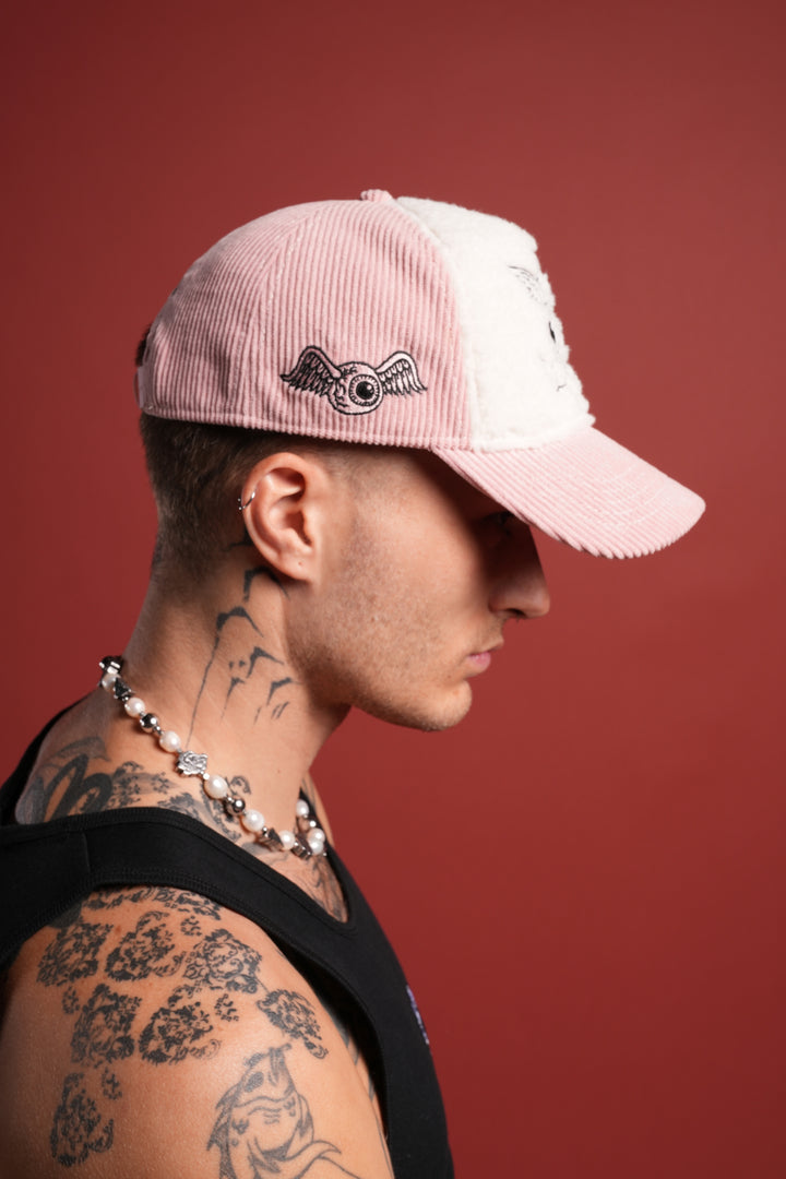 Cherub Eyeball Corduroy Trucker Hat in Bubblegum