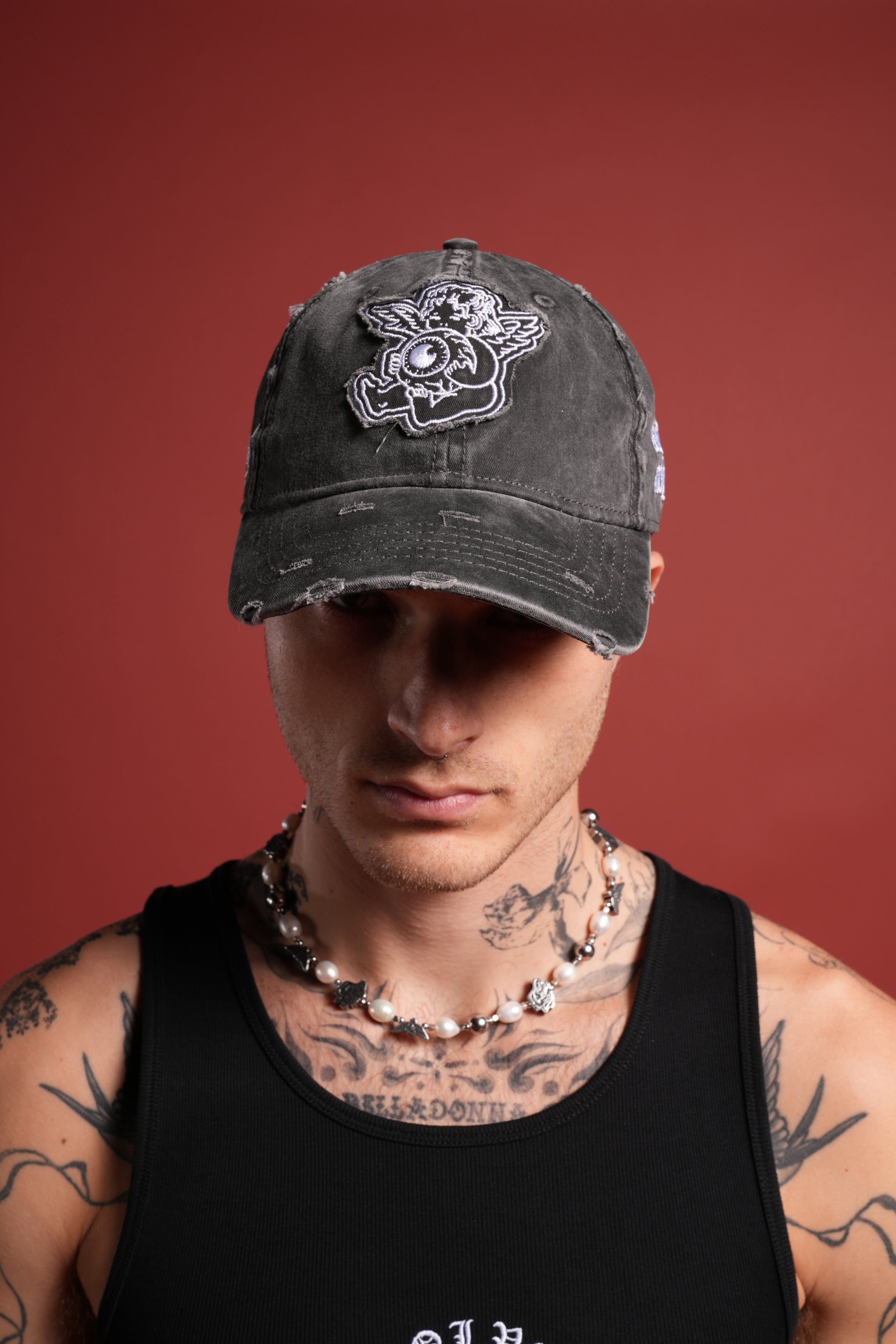 Cherub Eye Ball Distressed Dad Hat in Washed Black