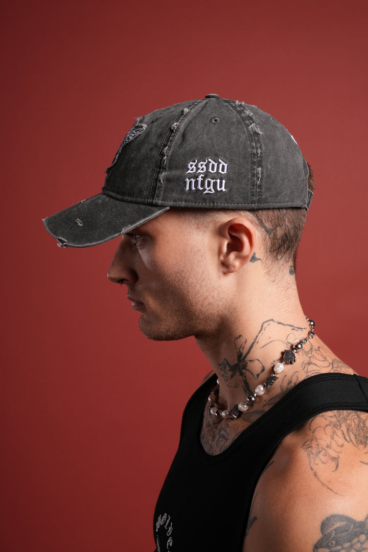 Cherub Eye Ball Distressed Dad Hat in Washed Black