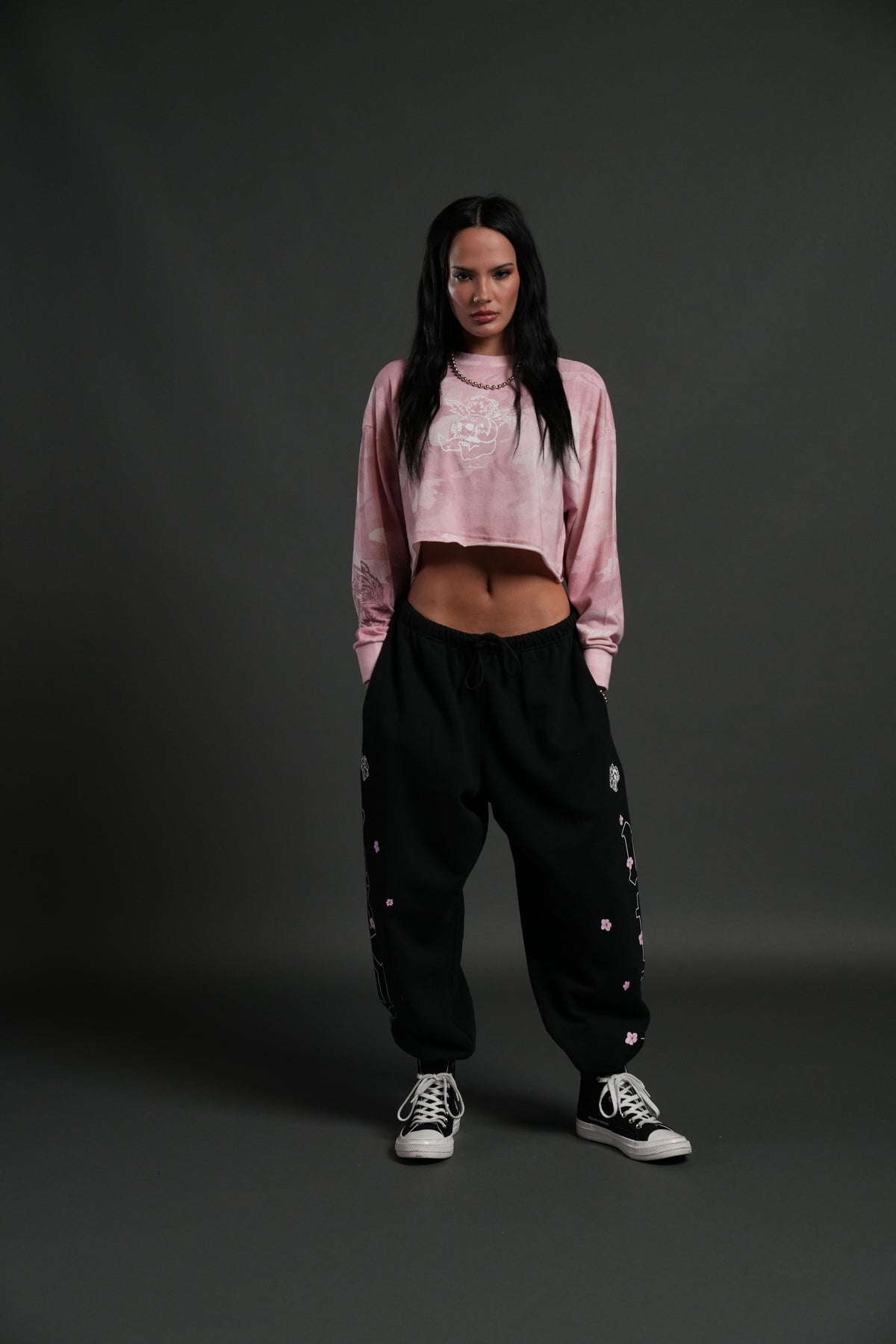 Cherub and the Skull "Premium" Oversized Cropped L/S Tee in Blush Vintage Woodland Camo