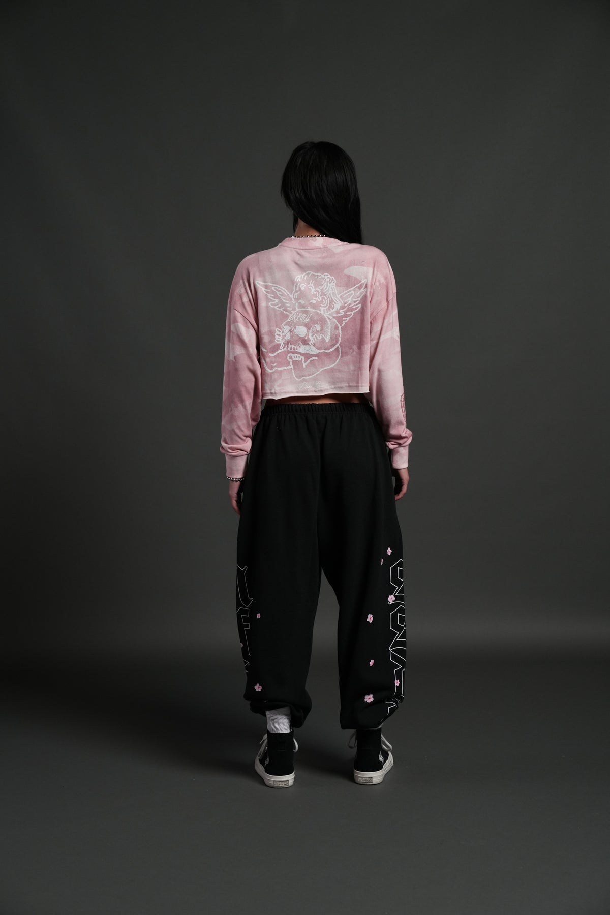 Cherub and the Skull "Premium" Oversized Cropped L/S Tee in Blush Vintage Woodland Camo