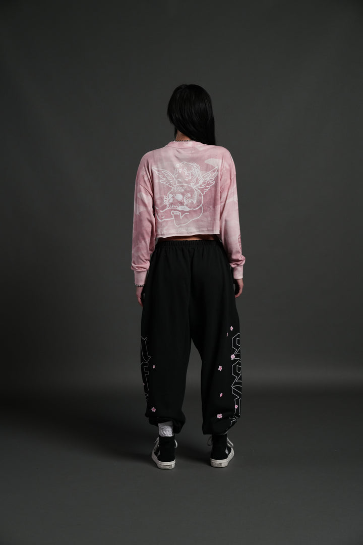 Cherub and the Skull "Premium" Oversized Cropped L/S Tee in Blush Vintage Woodland Camo