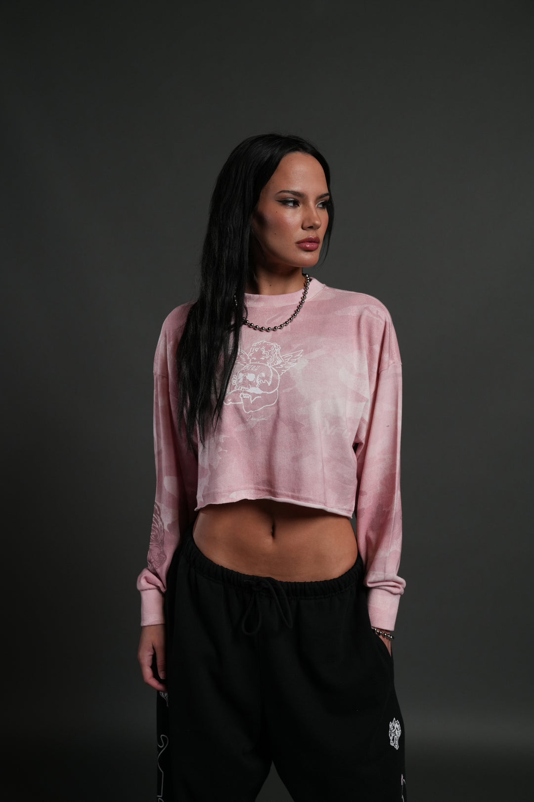 Cherub and the Skull "Premium" Oversized Cropped L/S Tee in Blush Vintage Woodland Camo