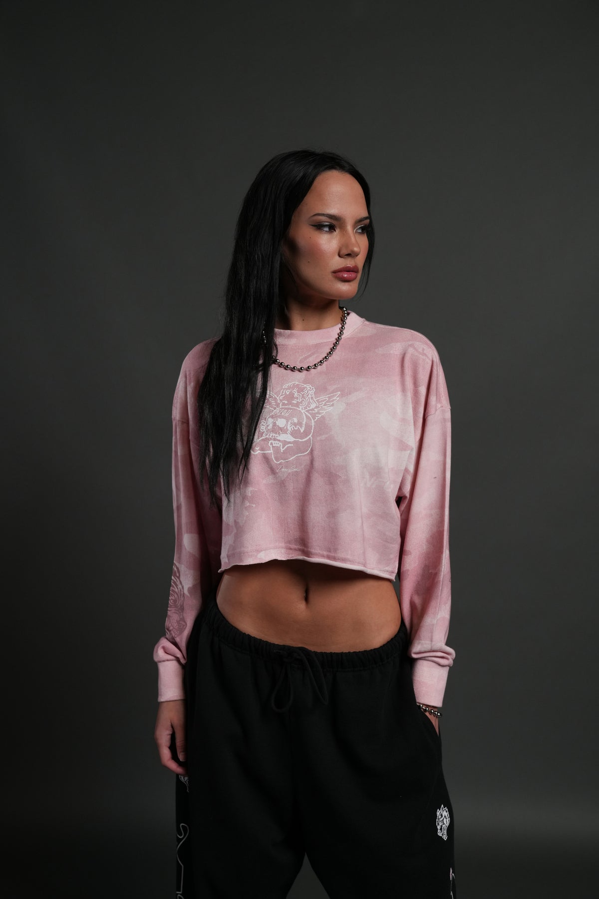 Cherub and the Skull "Premium" Oversized Cropped L/S Tee in Blush Vintage Woodland Camo
