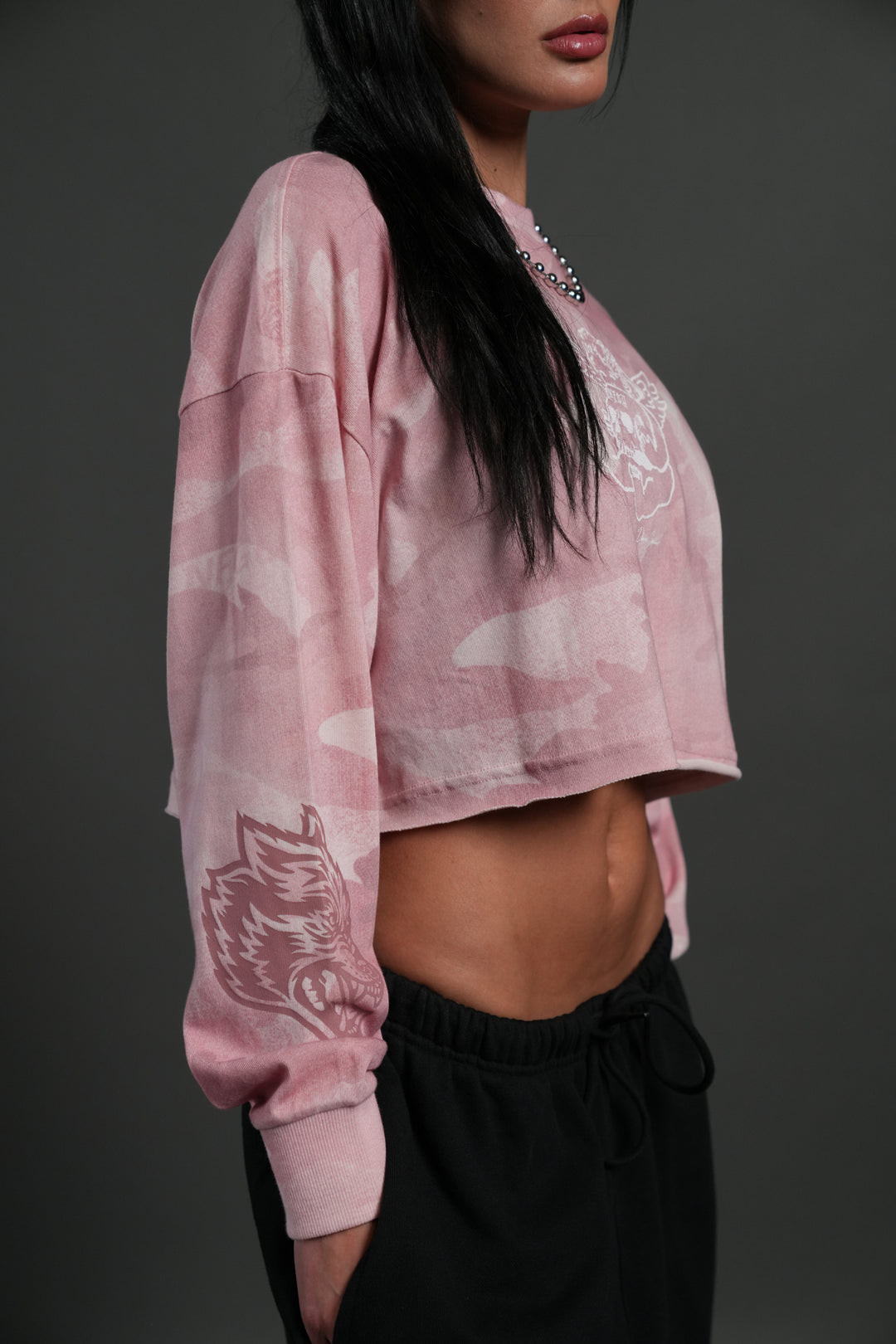 Cherub and the Skull "Premium" Oversized Cropped L/S Tee in Blush Vintage Woodland Camo