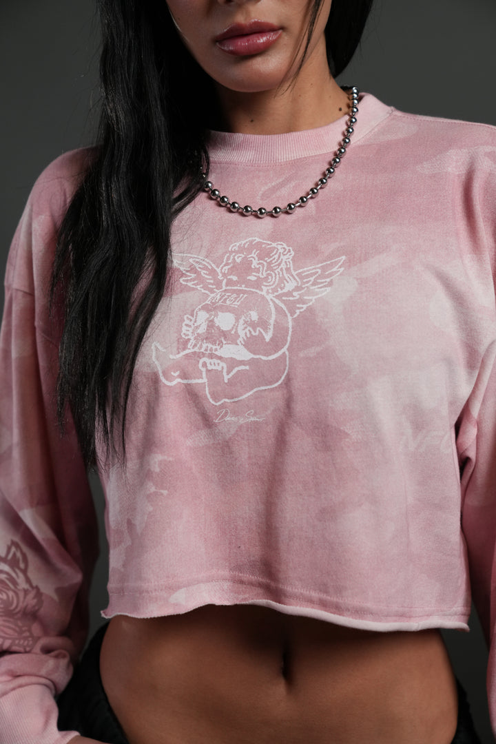 Cherub and the Skull "Premium" Oversized Cropped L/S Tee in Blush Vintage Woodland Camo
