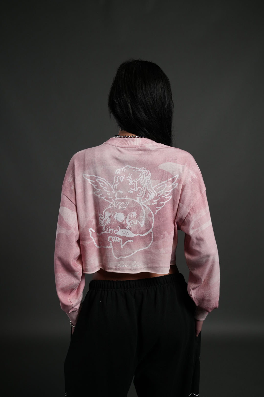 Cherub and the Skull "Premium" Oversized Cropped L/S Tee in Blush Vintage Woodland Camo