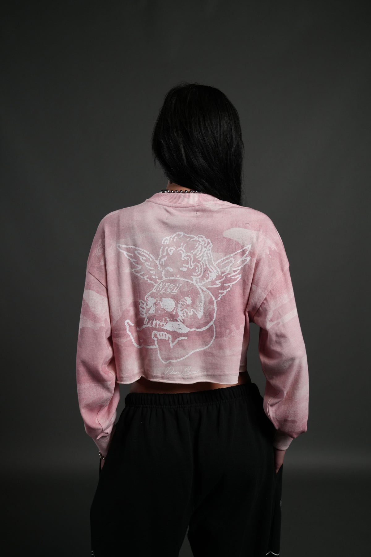 Cherub and the Skull "Premium" Oversized Cropped L/S Tee in Blush Vintage Woodland Camo