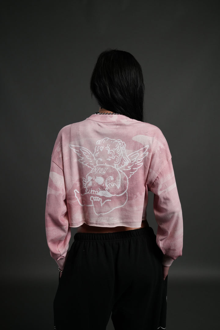 Cherub and the Skull "Premium" Oversized Cropped L/S Tee in Blush Vintage Woodland Camo