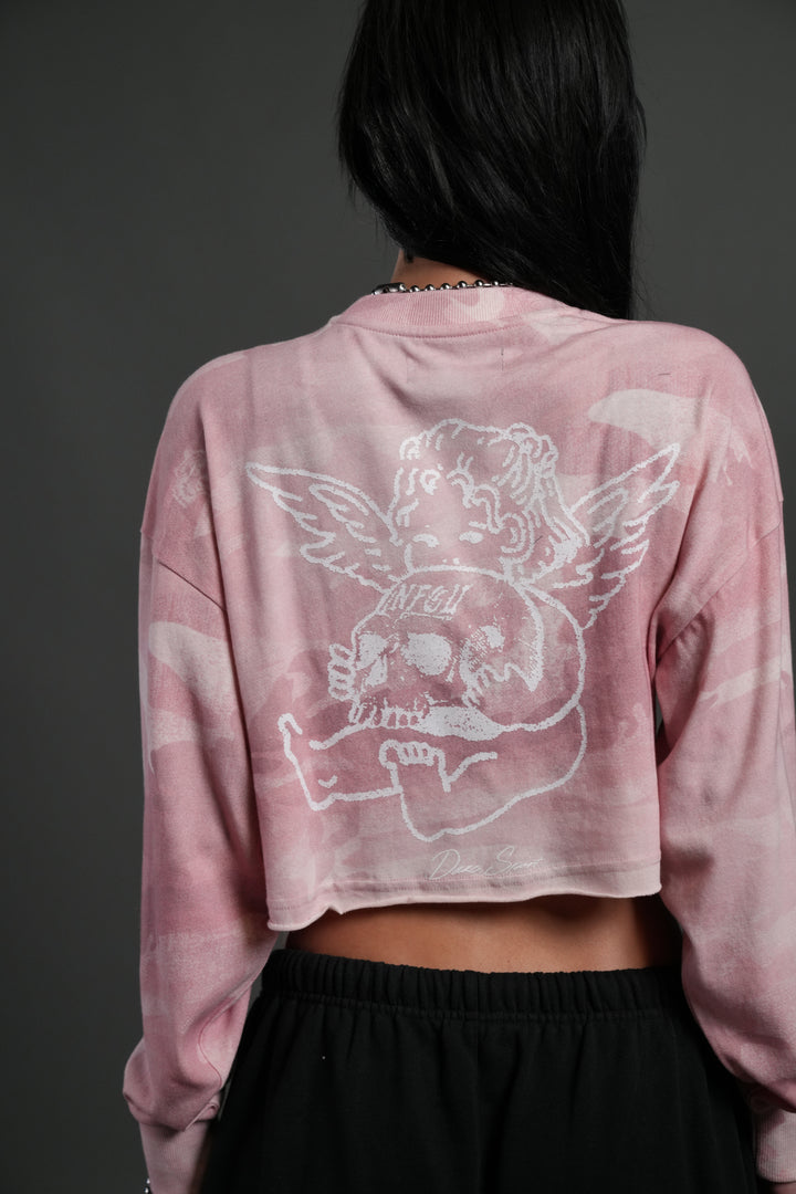 Cherub and the Skull "Premium" Oversized Cropped L/S Tee in Blush Vintage Woodland Camo