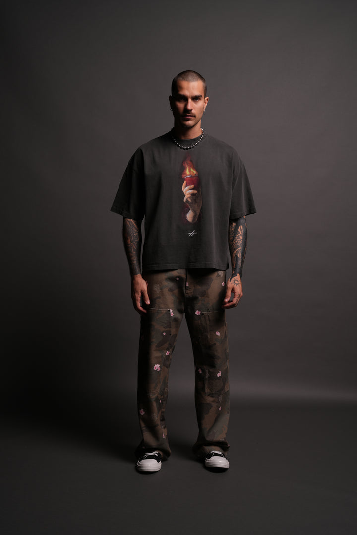 Corazon Sagrado Grunge "Box Cut" Tee in Wolf Gray
