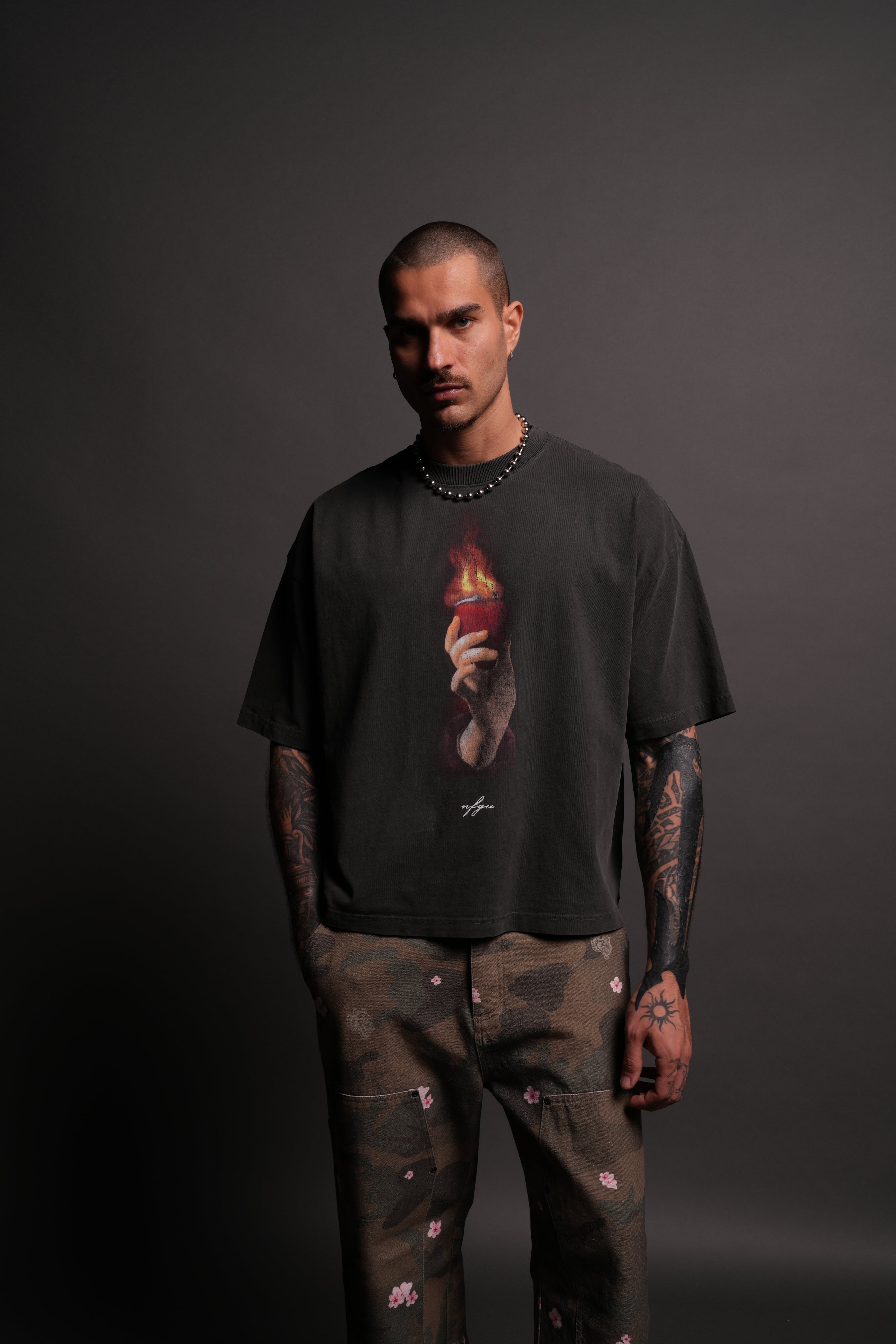 Corazon Sagrado Grunge "Box Cut" Tee in Wolf Gray