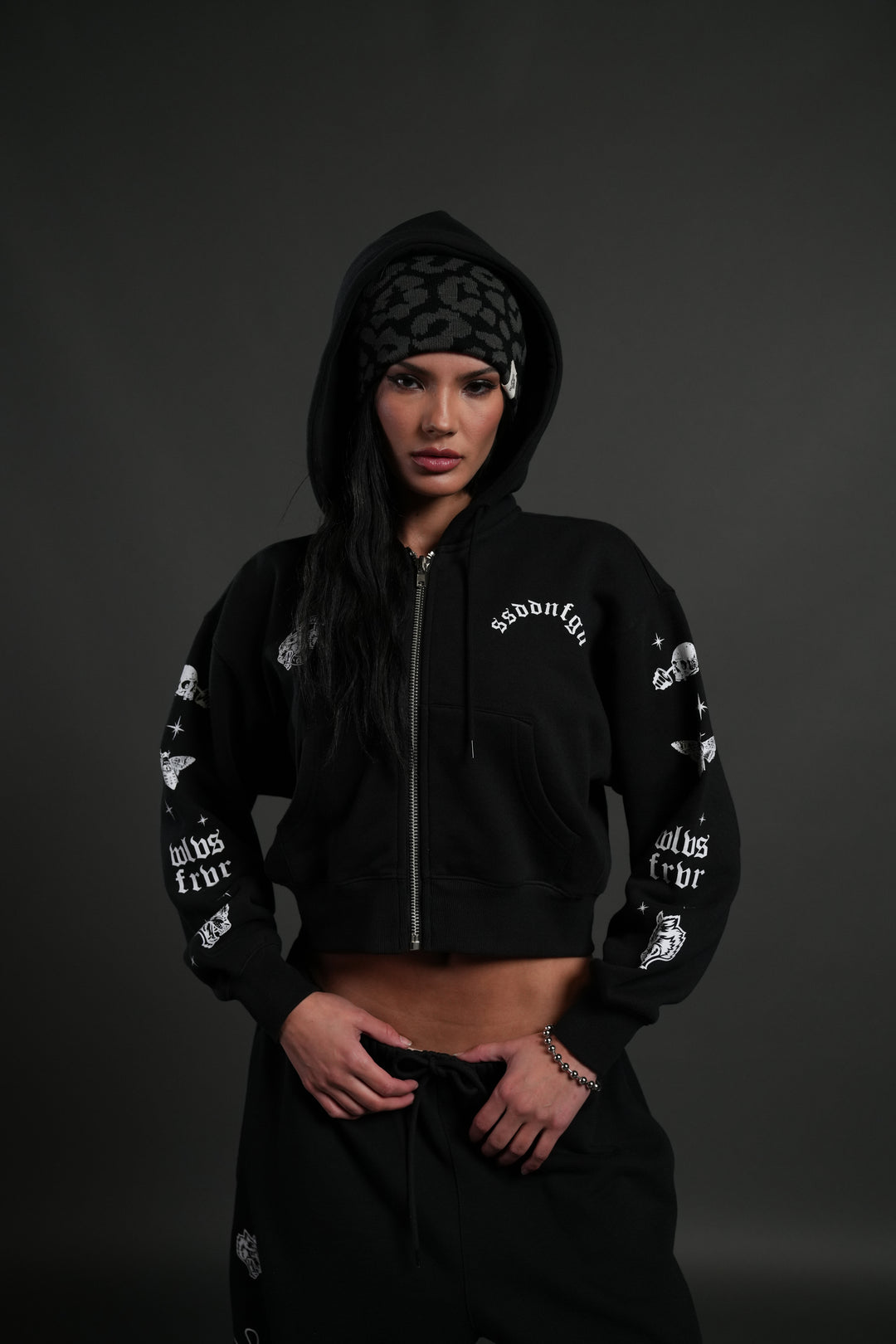 FRVR in the Stars "Sage" Cropped Zip Hoodie in Black