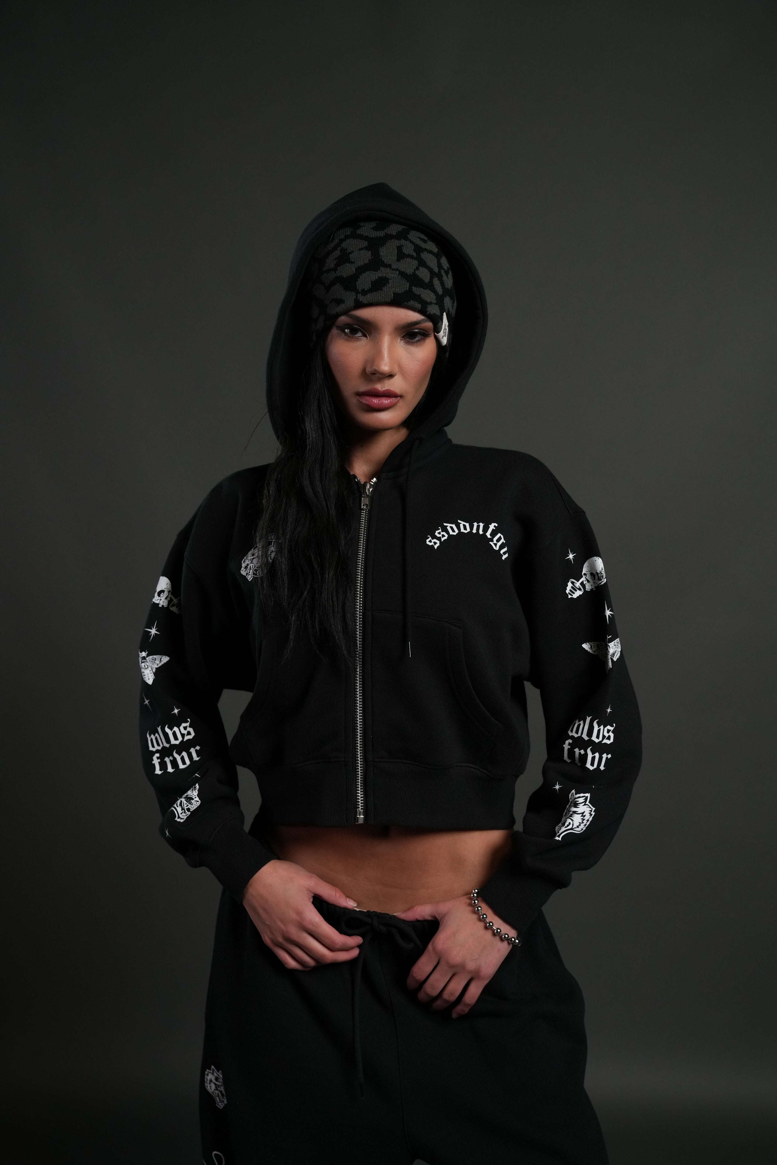 FRVR in the Stars "Sage" Cropped Zip Hoodie in Black