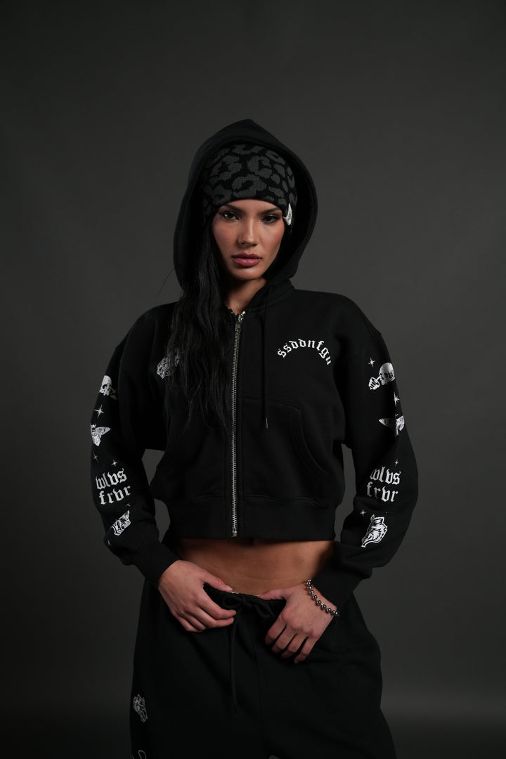 FRVR in the Stars "Sage" Cropped Zip Hoodie in Black