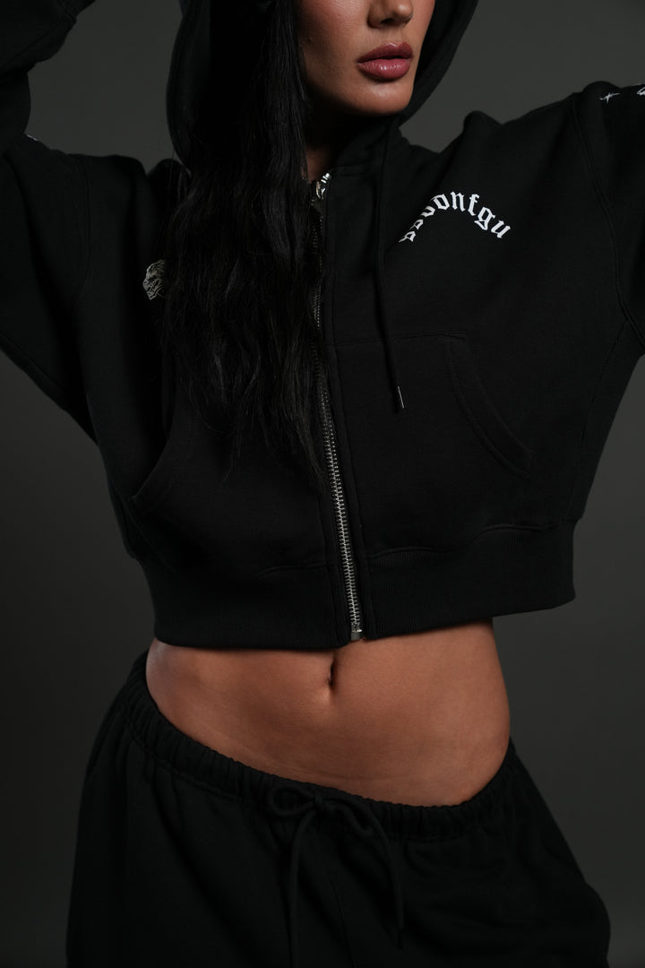 FRVR in the Stars "Sage" Cropped Zip Hoodie in Black