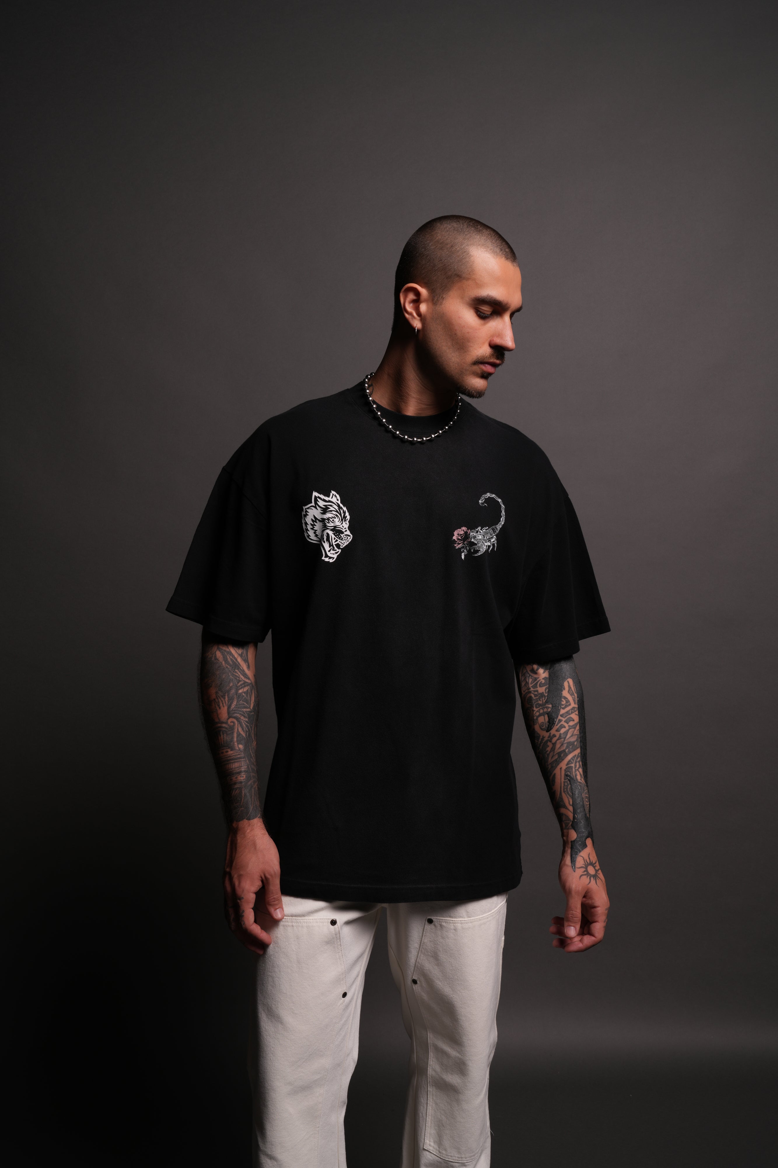 Scorpion Rose "Premium" Oversized Tee in Black Spine Sun Fade