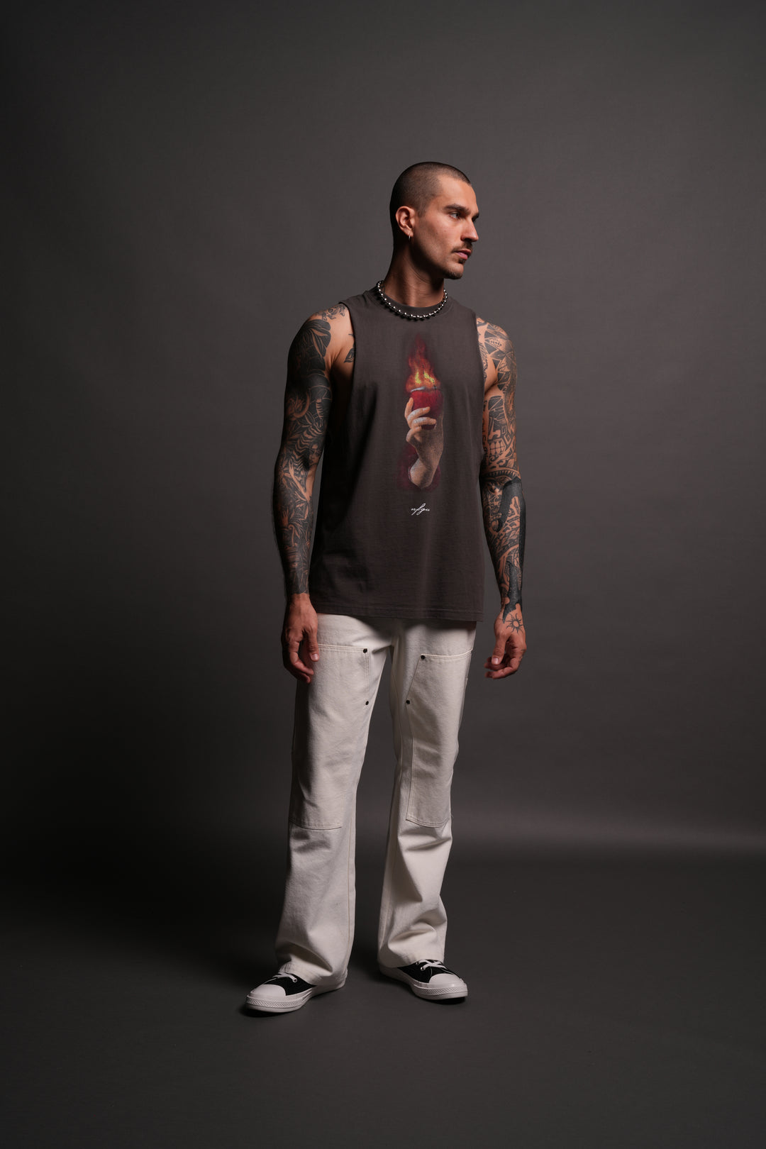 Corazon Sagrado Grunge "Tommy" Muscle Tee in Wolf Gray