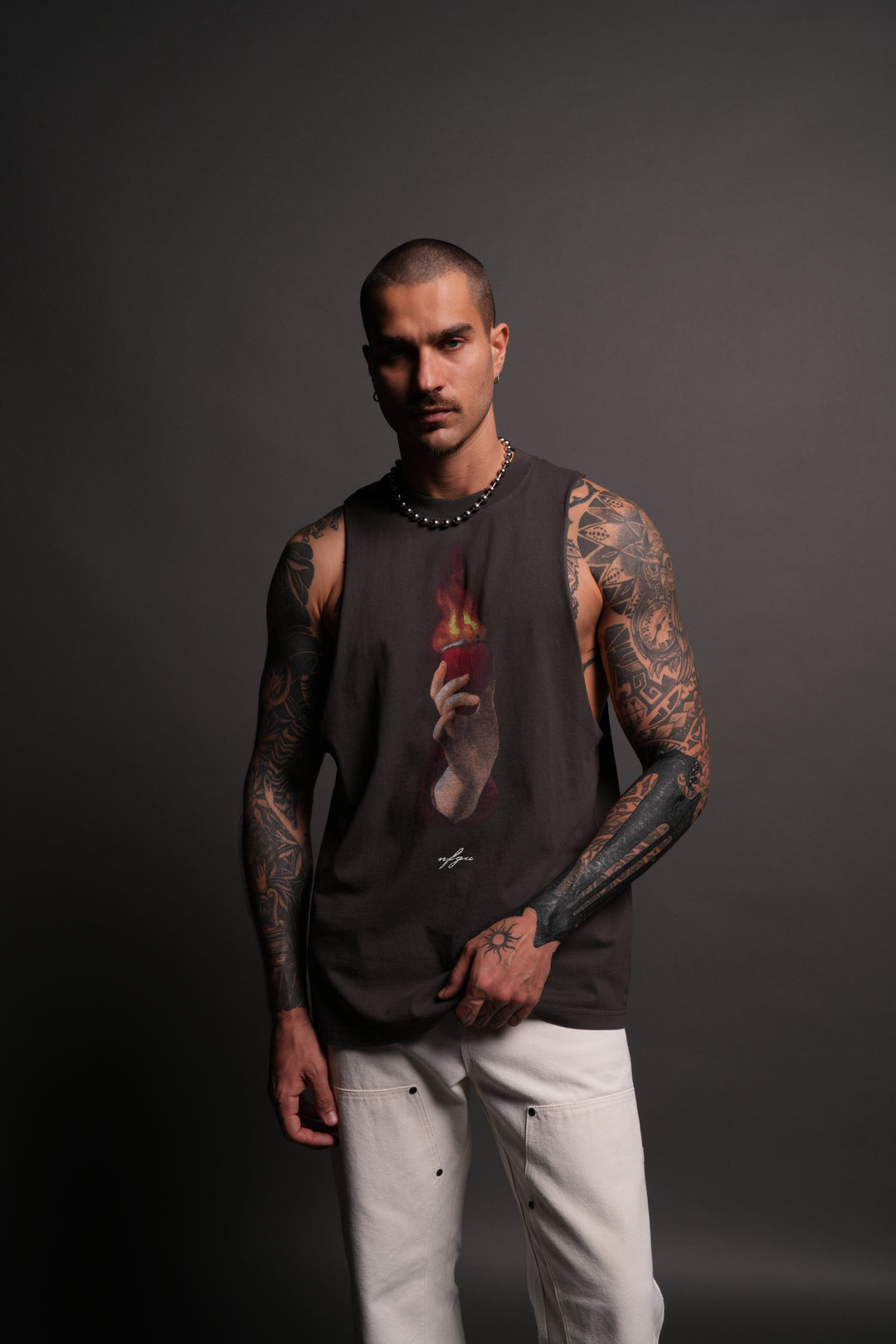 Corazon Sagrado Grunge "Tommy" Muscle Tee in Wolf Gray