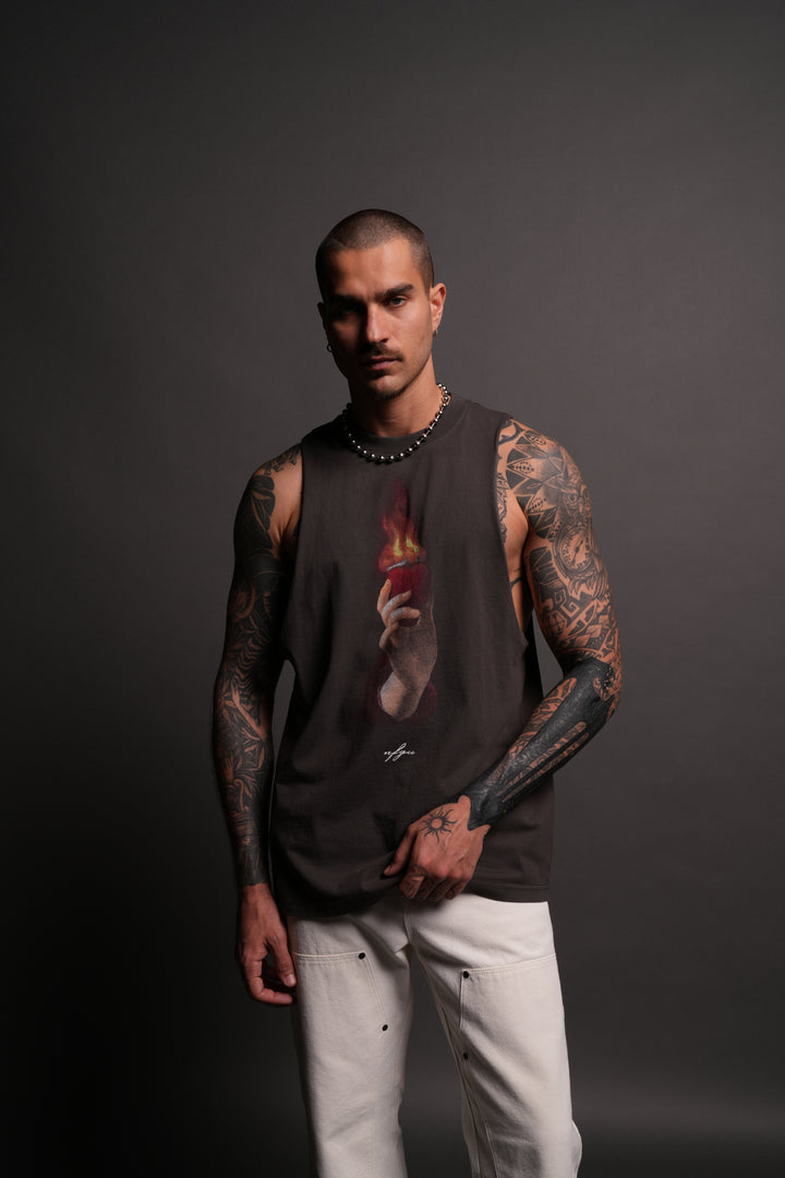 Corazon Sagrado Grunge "Tommy" Muscle Tee in Wolf Gray