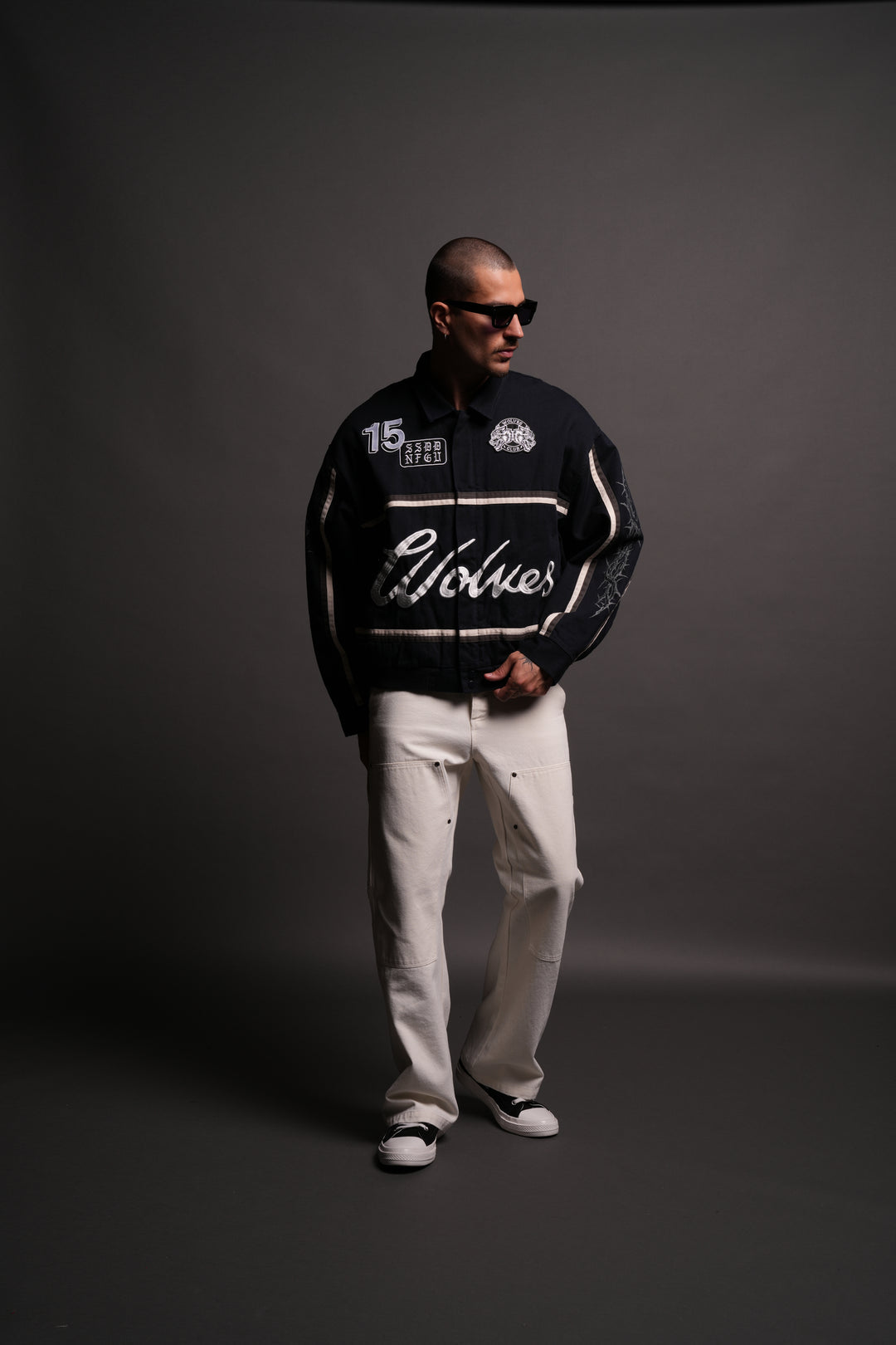 Wolves Club Script Big Moe Jacket in Navy/Cream/Wolf Gray