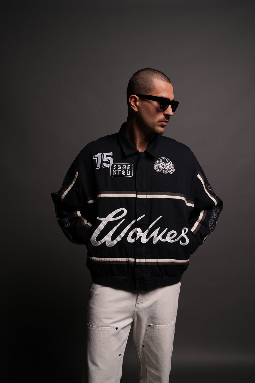 Wolves Club Script Big Moe Jacket in Navy/Cream/Wolf Gray