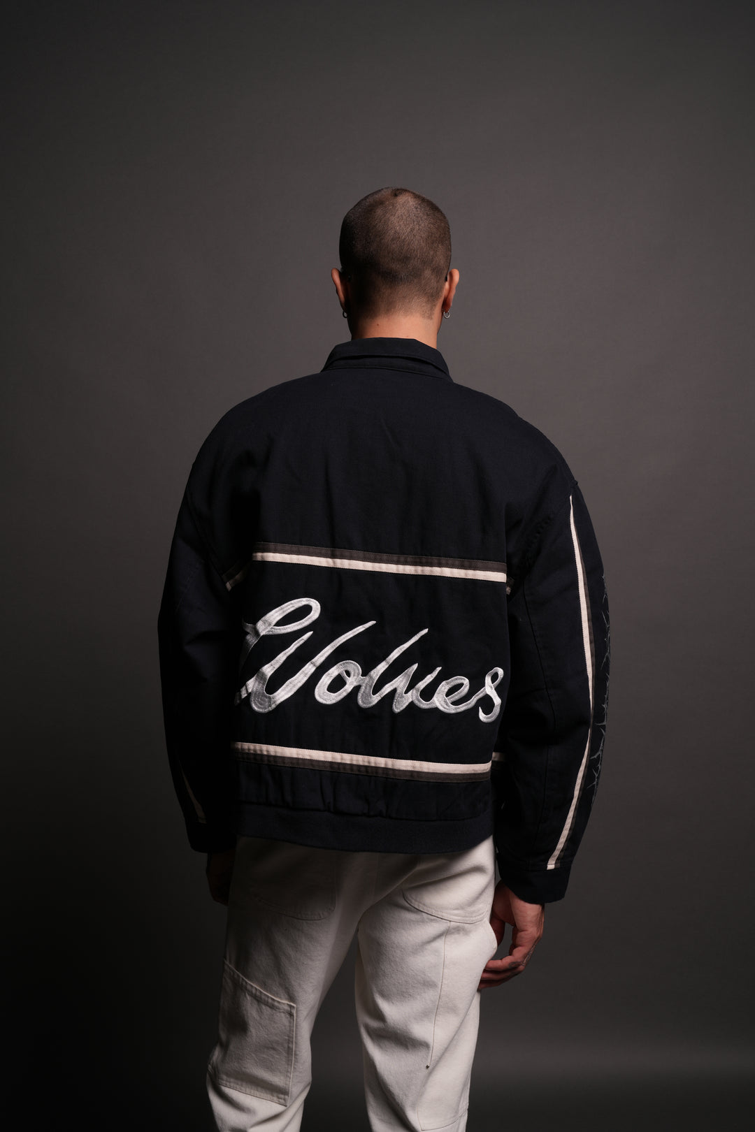 Wolves Club Script Big Moe Jacket in Navy/Cream/Wolf Gray