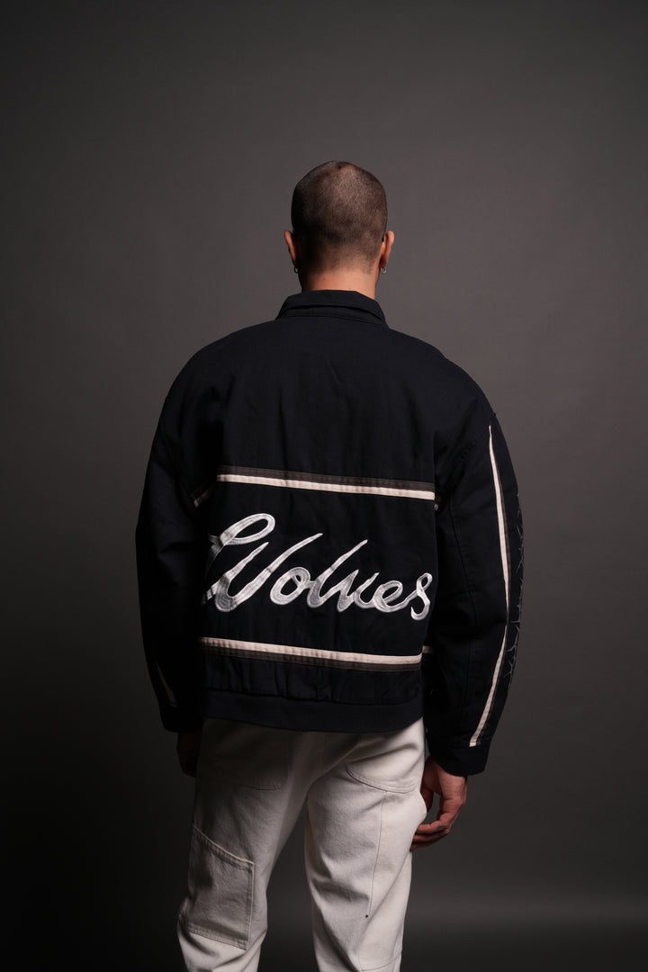 Wolves Club Script Big Moe Jacket in Navy/Cream/Wolf Gray