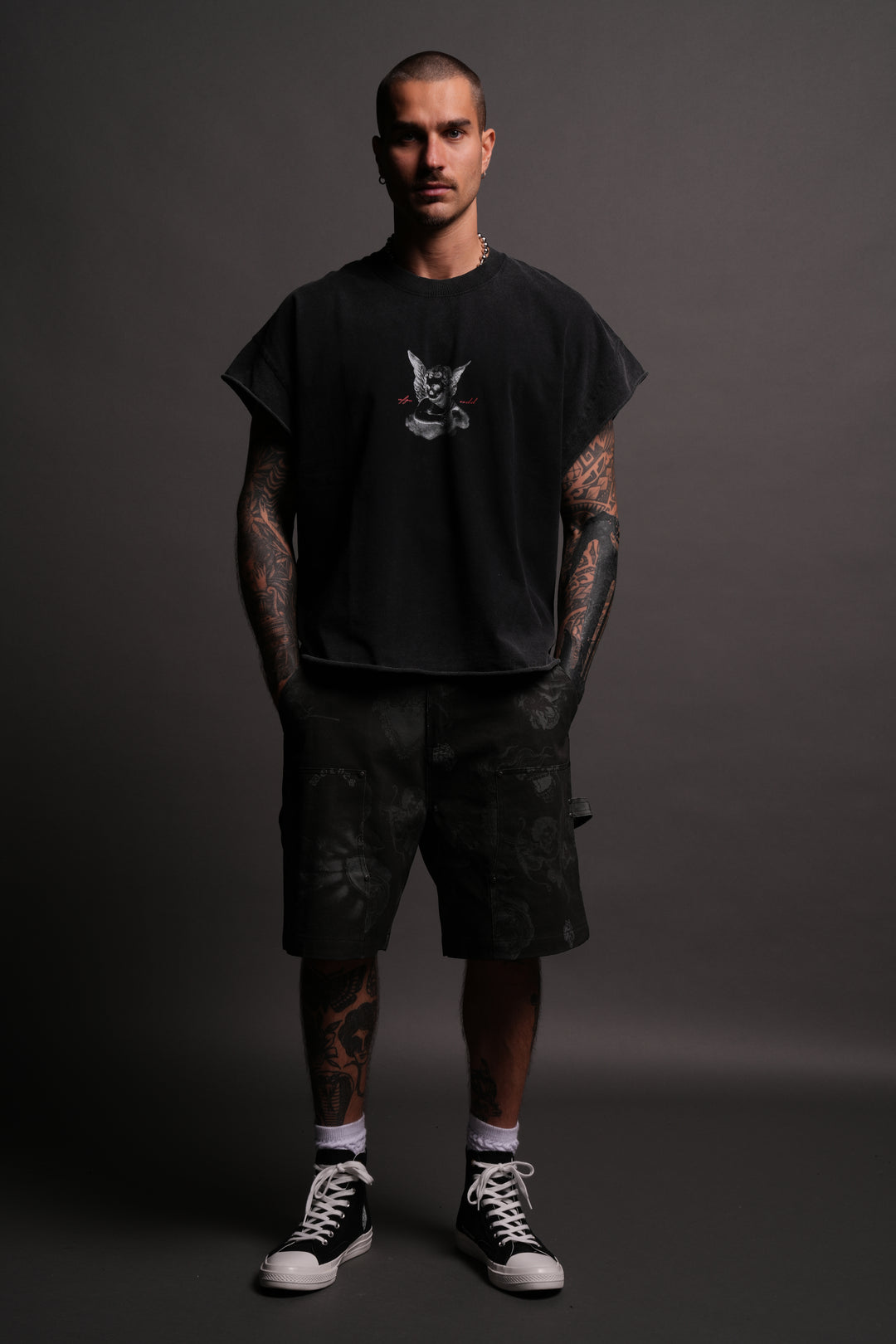 Watch Over Me Grunge Cut-Off Tee in Black