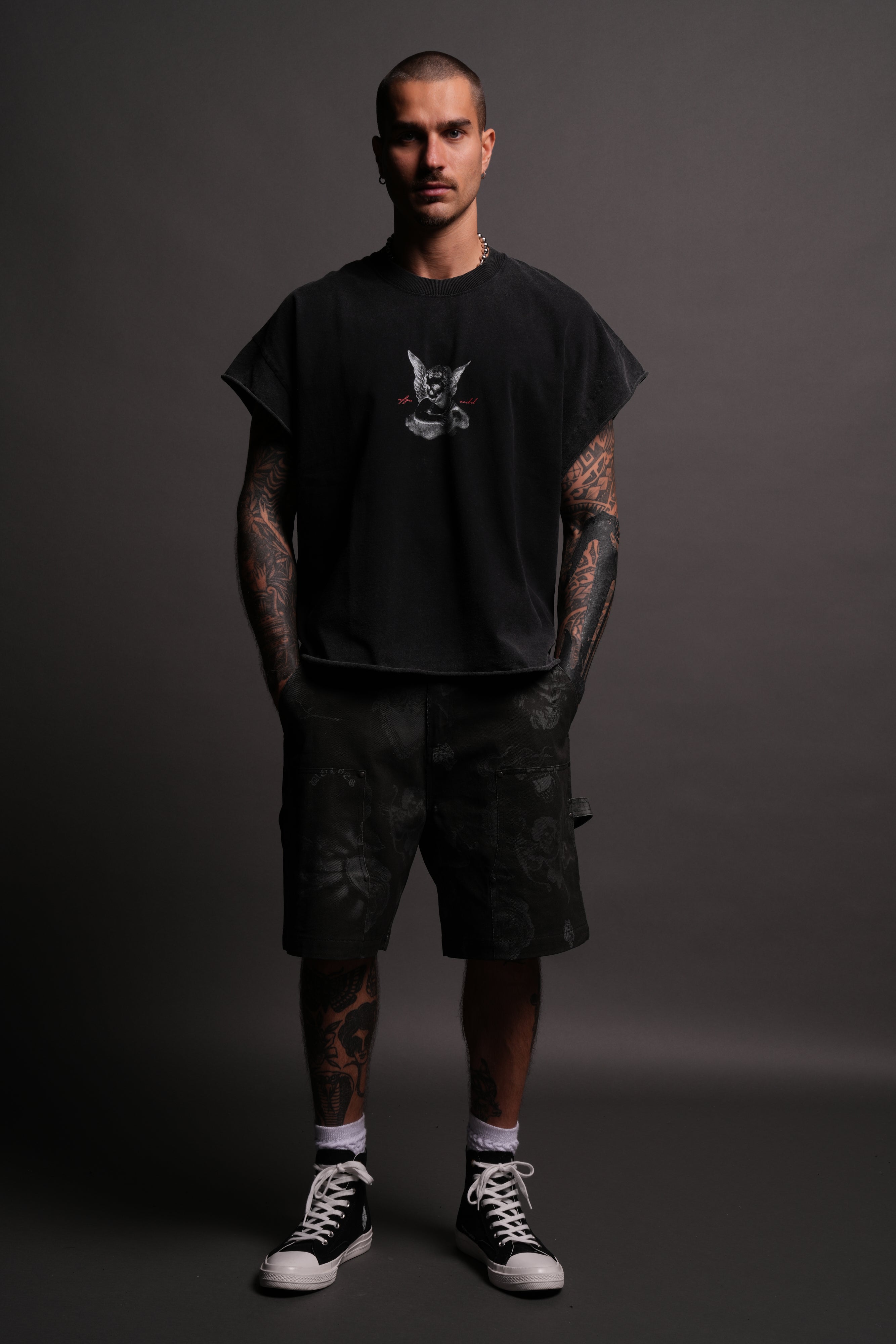 Watch Over Me Grunge Cut-Off Tee in Black
