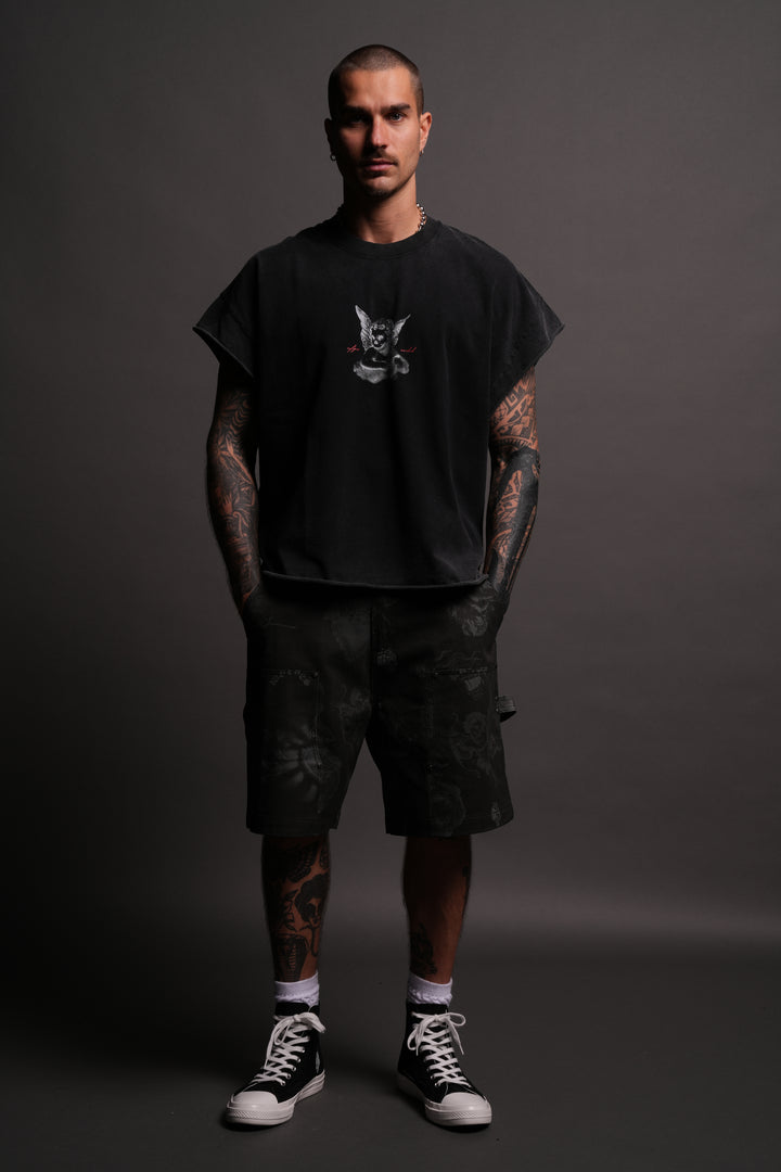 Watch Over Me Grunge Cut-Off Tee in Black
