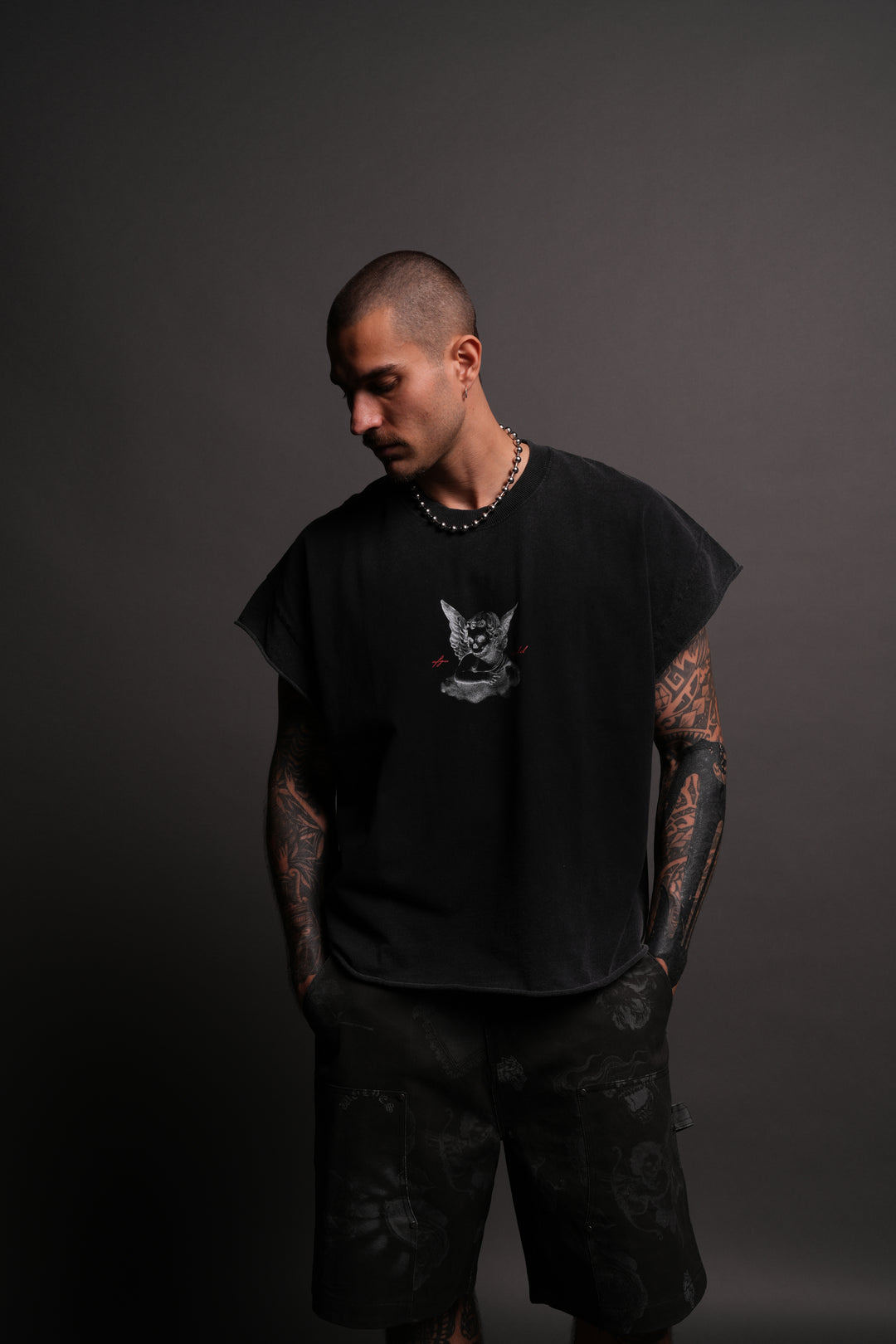 Watch Over Me Grunge Cut-Off Tee in Black