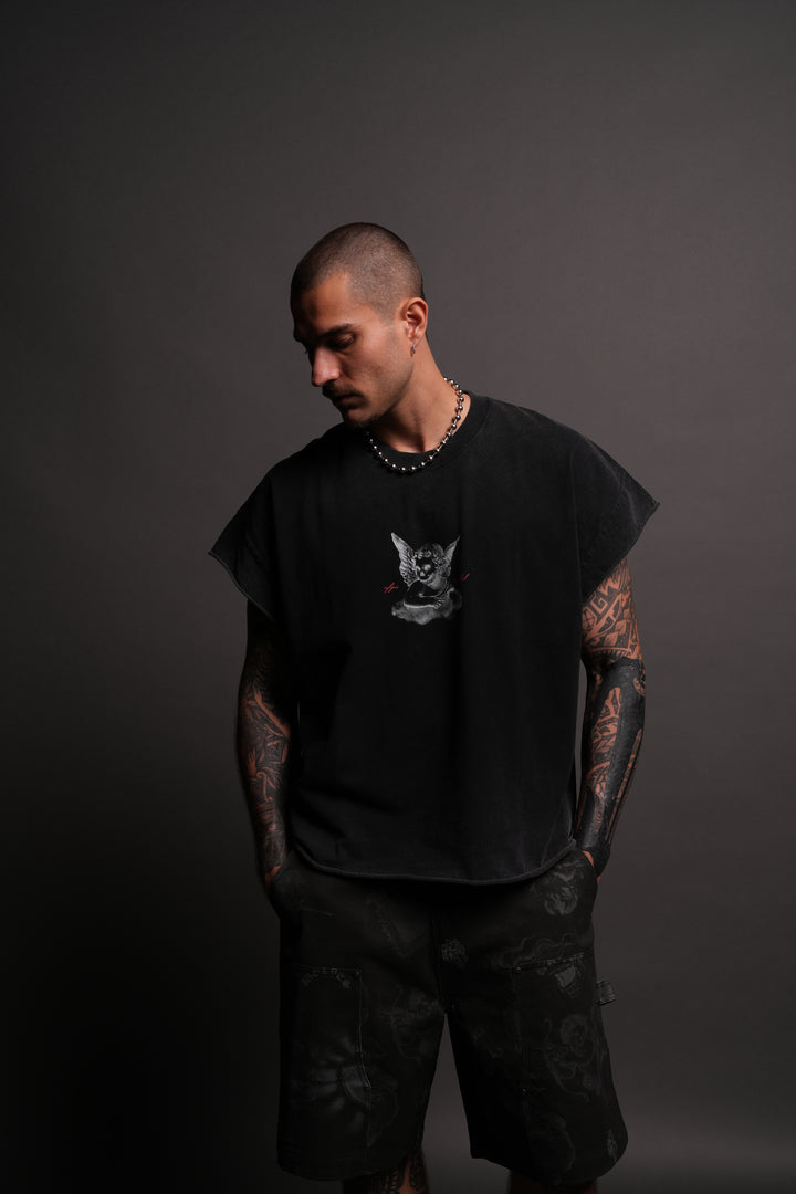Watch Over Me Grunge Cut-Off Tee in Black